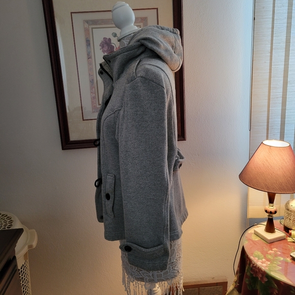 Sebby Twill Light Gray Double Breasted Hooded Peacoat - Size Large - Picture 5 of 8
